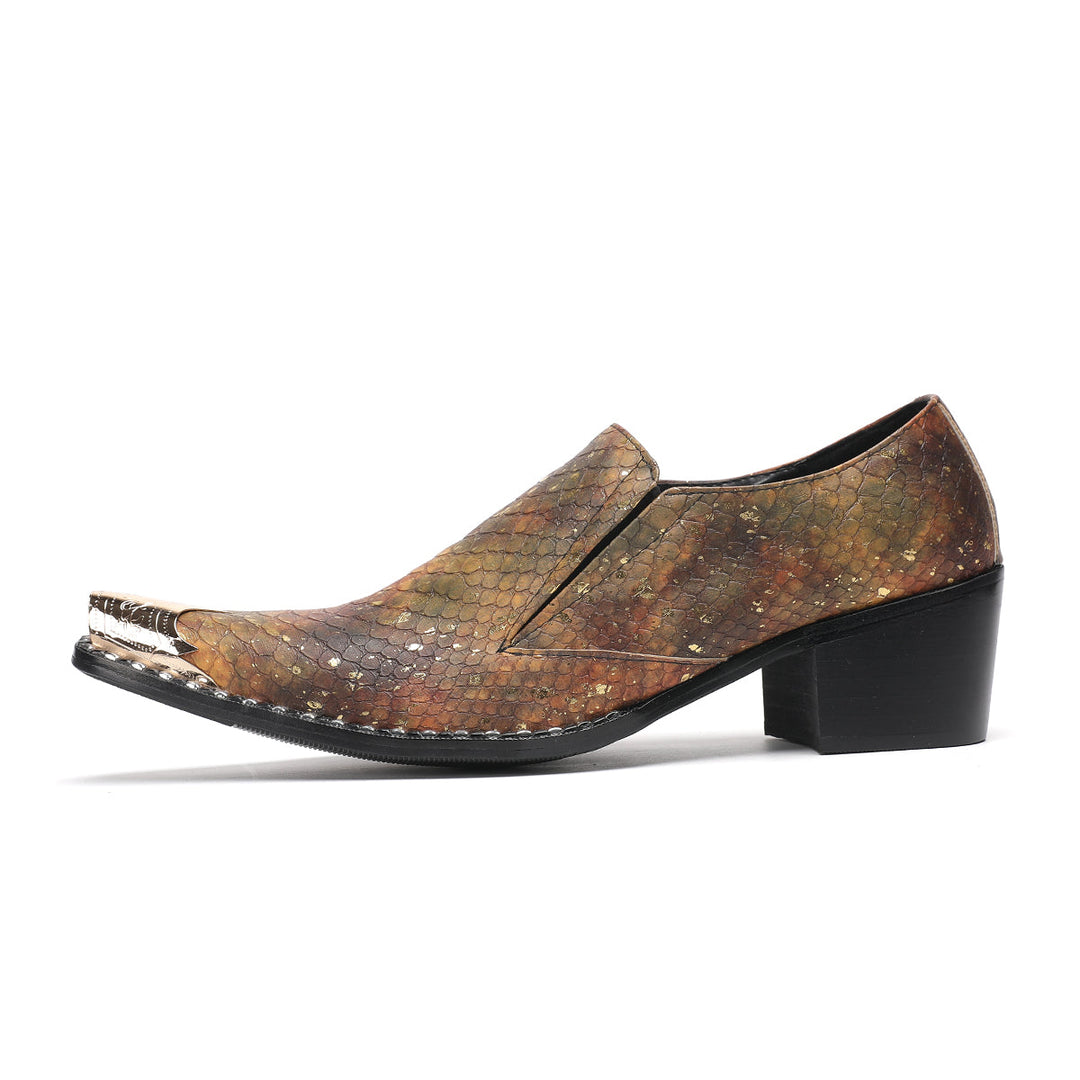gold tip dress shoes Men's Fashion Wing Tip Gold Pointed Toe Dress Pull On Block Heel Oxfords Shoes