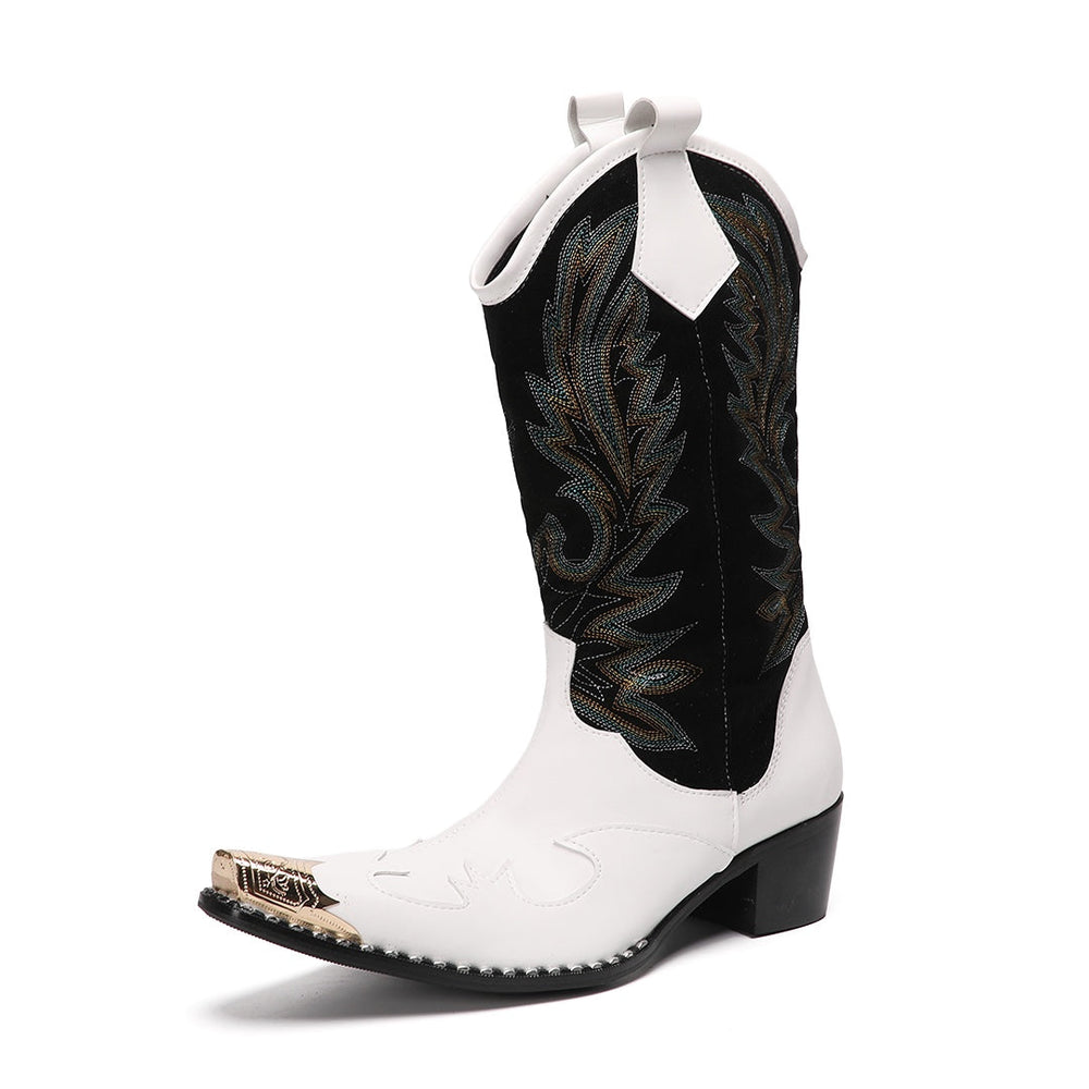 Pair of white and black embroidered cowboy boots with a gold metal tip on a white background.