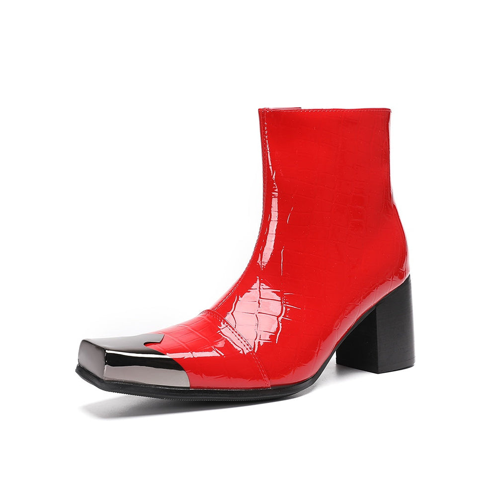 Pair of shiny red patent crocodile embossed ankle boots with square metal toe caps and black block heels.