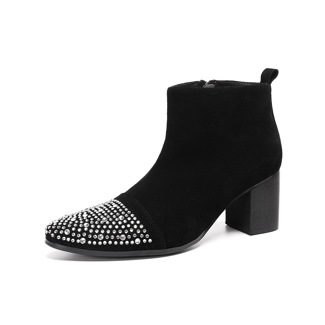 Pair of black suede ankle boots with a studded pointed toe and block heels, shown from various angles.