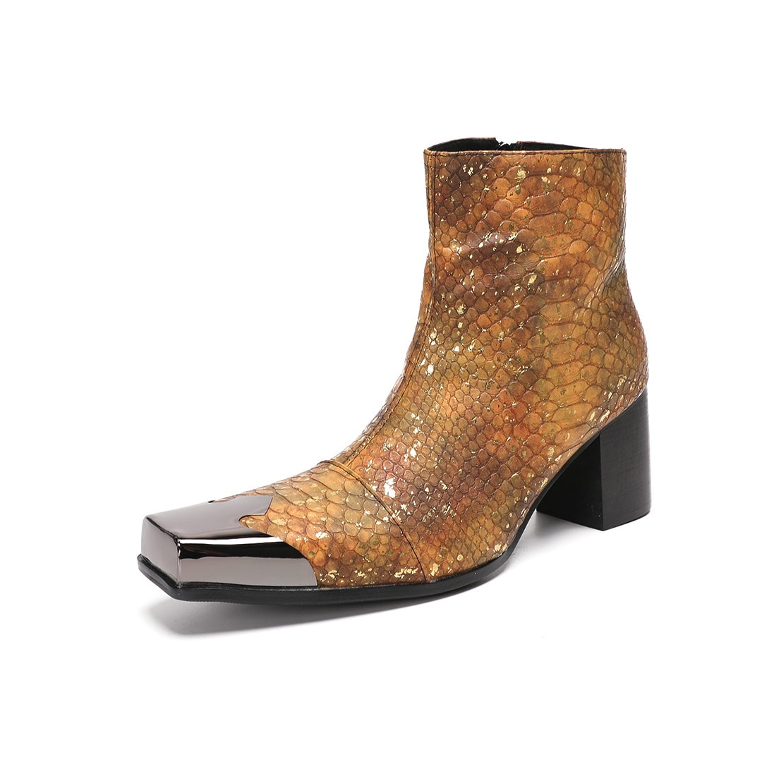 Men's brown and gold snakeskin pattern ankle boot with a square metal toe and black block heel.