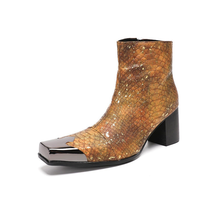 Men's brown and gold snakeskin pattern ankle boot with a square metal toe and black block heel.