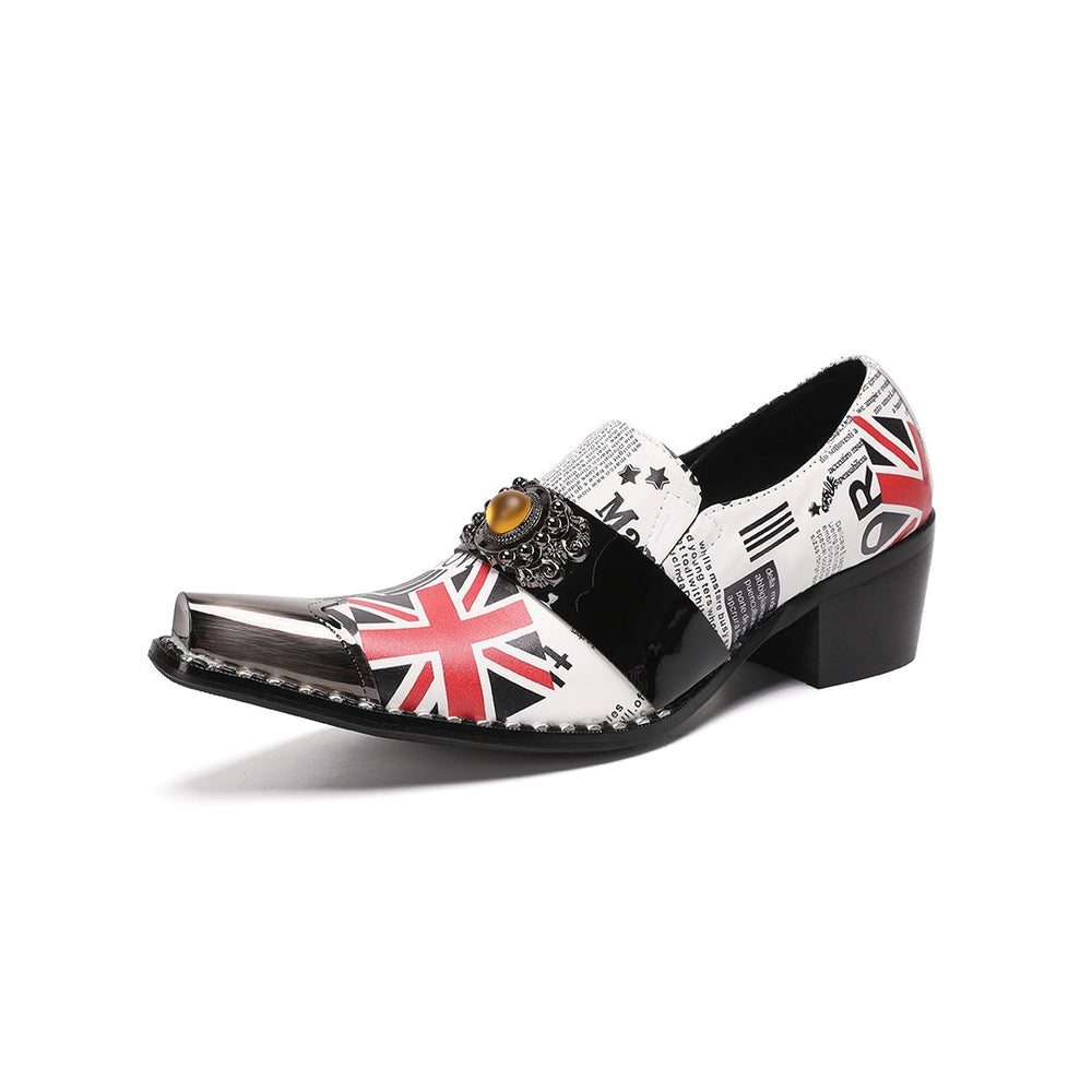 Pair of men's slip-on loafers with a pointed metallic toe, featuring a white upper with Union Jack and newspaper print, black