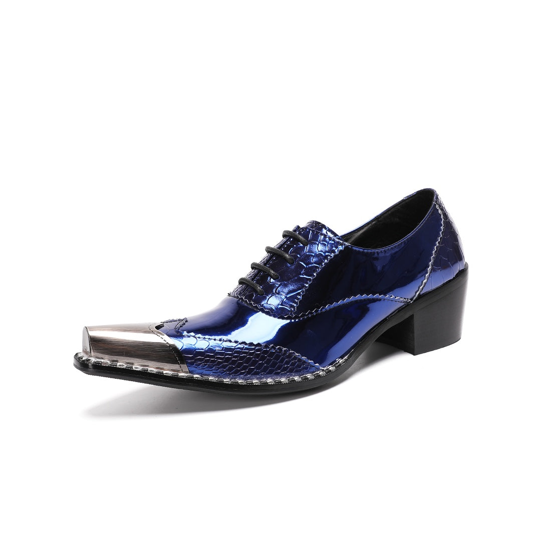 Pair of men's blue patent leather dress shoes with crocodile texture, a shiny metallic square toe, and a chunky heel, viewed