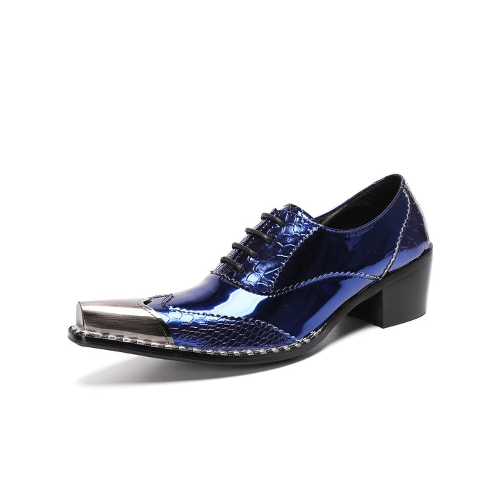 Pair of men's blue patent leather dress shoes with crocodile texture, a shiny metallic square toe, and a chunky heel, viewed
