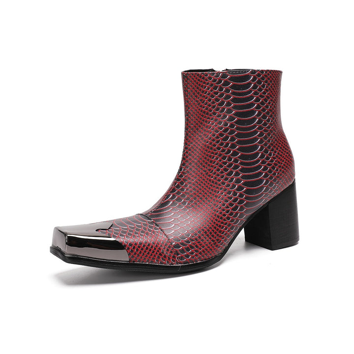 A pair of men's red and black snakeskin pattern ankle boots with a square metal toe and block heel, shown from various
