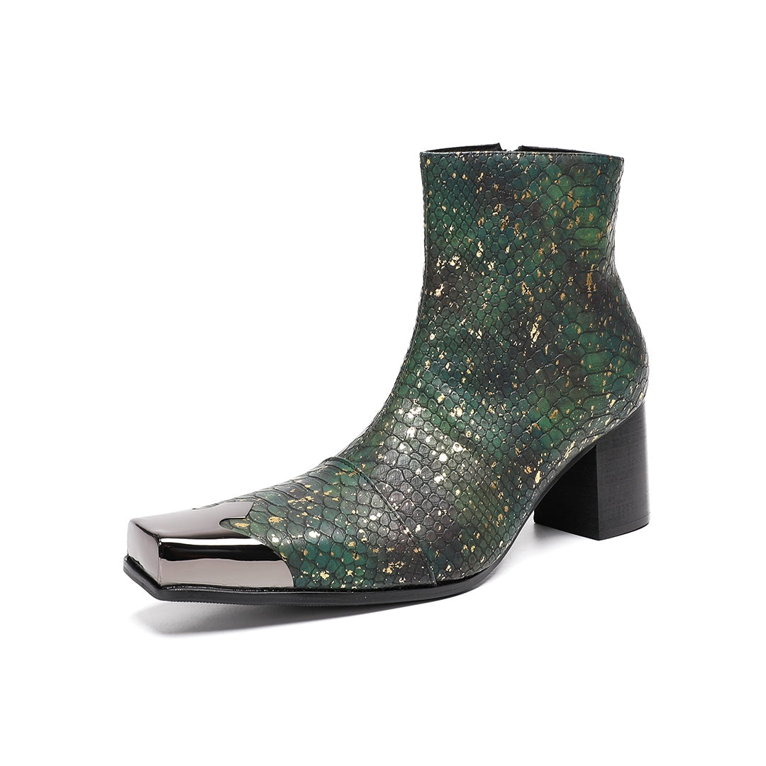Pair of green and gold snake print ankle boots with a square metal toe cap and block heel.