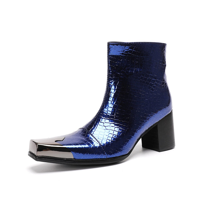 Pair of men's blue patent croc-embossed ankle boots with a square metal toe cap and block heel.