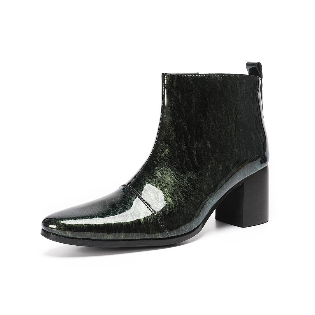 Dolashoes iridescent green pointed toe ankle boots with block heel and side zipper