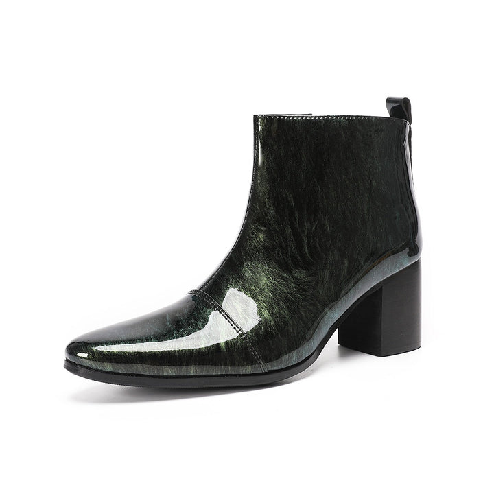 Dolashoes iridescent green pointed toe ankle boots with block heel and side zipper