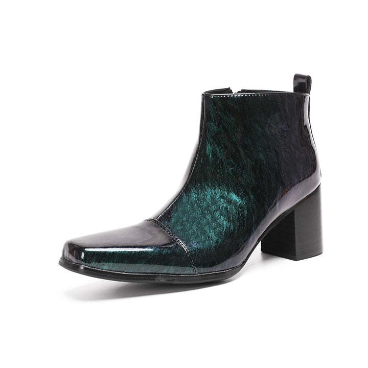 Pair of Dolashoes iridescent green-purple patent leather square toe ankle boots with block heels and side zippers, displayed