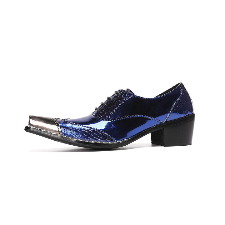 Pair of men's blue patent leather dress shoes with crocodile texture, a shiny metallic square toe, and a chunky heel, viewed