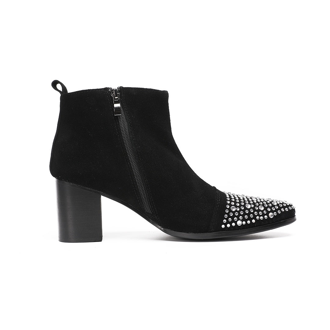 Pair of black suede ankle boots with a studded pointed toe and block heels, shown from various angles.