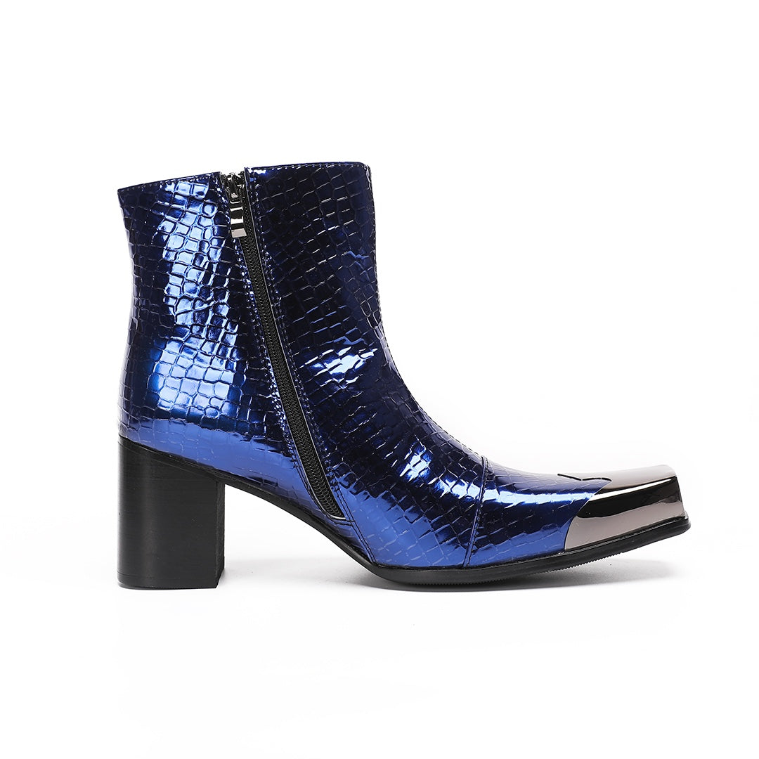 Pair of men's blue patent croc-embossed ankle boots with a square metal toe cap and block heel.