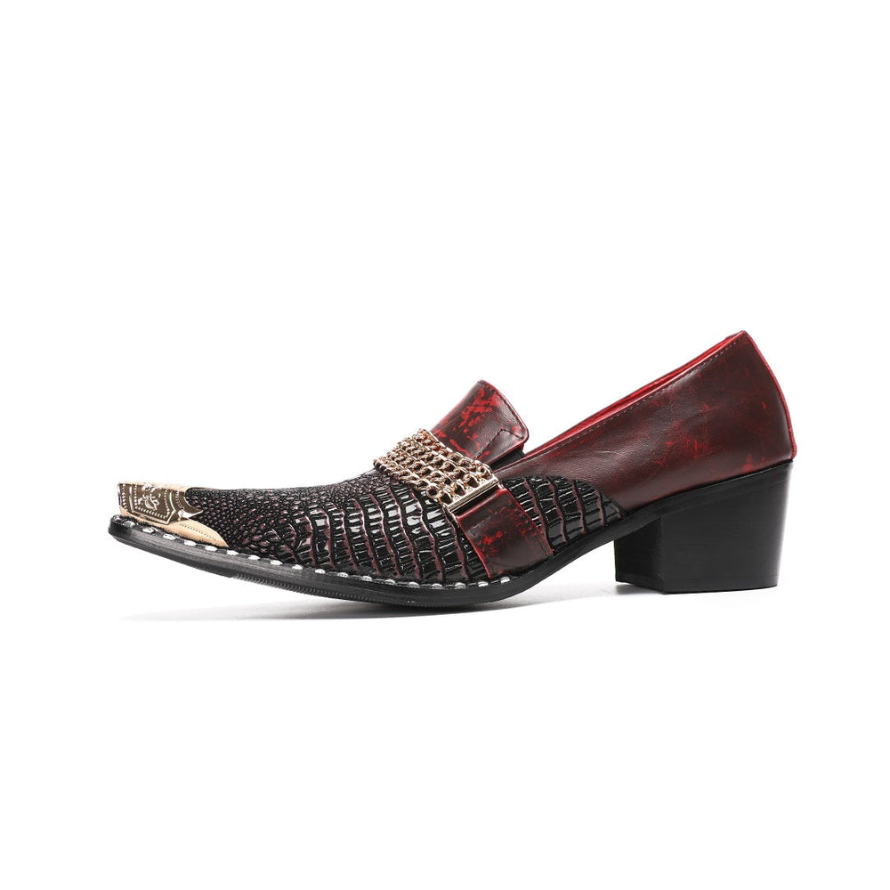 A pair of Dolashoes men's red and black textured leather loafers with gold metal toe caps and chain embellishments on a white