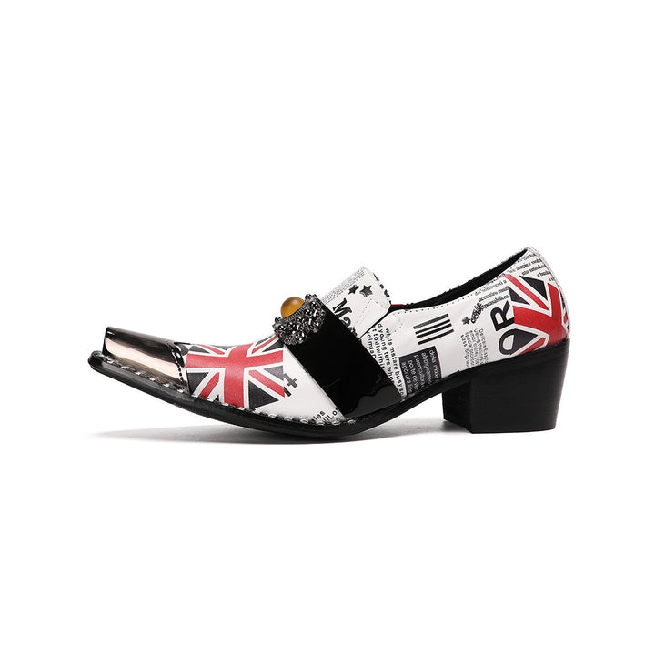 Pair of men's slip-on loafers with a pointed metallic toe, featuring a white upper with Union Jack and newspaper print, black