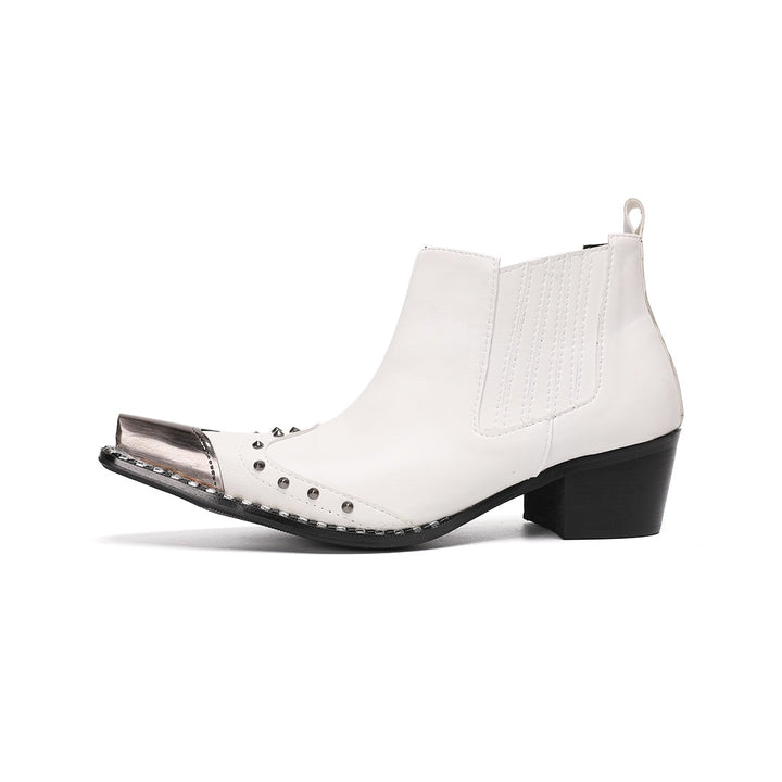 Pair of white studded Chelsea boots with silver metal toe caps and black heels on a white background.