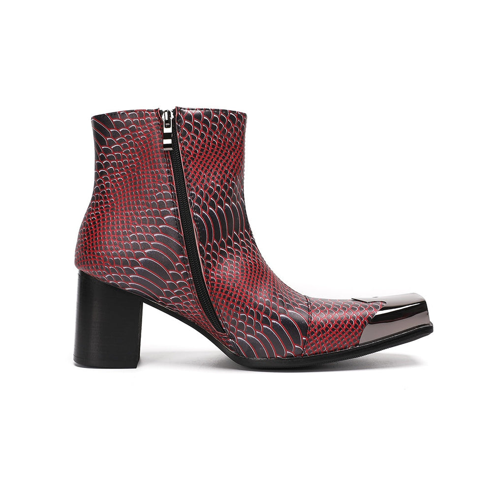 A pair of men's red and black snakeskin pattern ankle boots with a square metal toe and block heel, shown from various