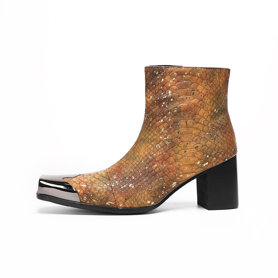 Men's brown and gold snakeskin pattern ankle boot with a square metal toe and black block heel.