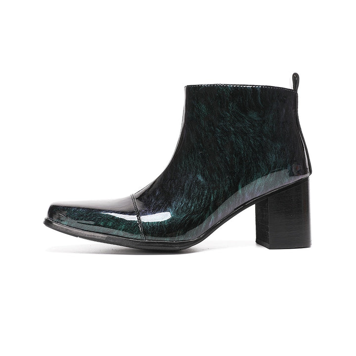 Pair of Dolashoes iridescent green-purple patent leather square toe ankle boots with block heels and side zippers, displayed