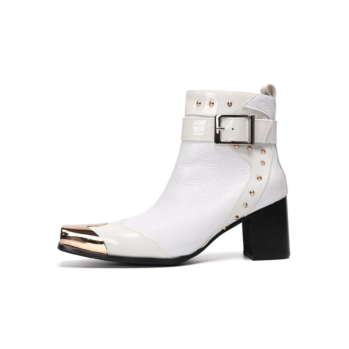 Pair of Dolashoes white patent leather ankle boots with gold metal square toe, studded buckle strap, and black block heel.