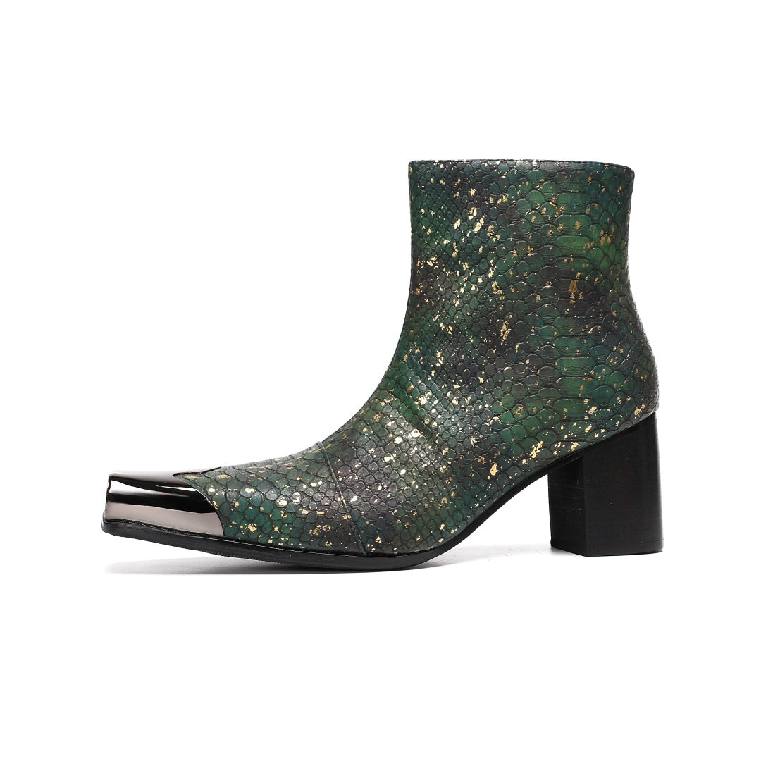 Pair of green and gold snake print ankle boots with a square metal toe cap and block heel.