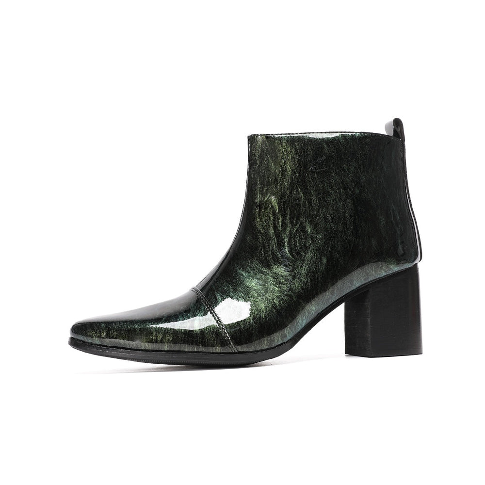 Dolashoes iridescent green pointed toe ankle boots with block heel and side zipper