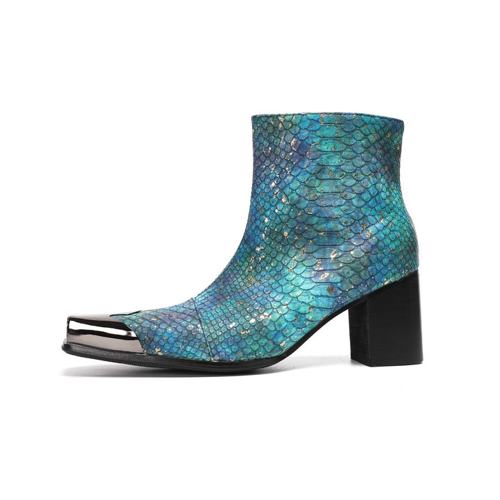 A pair of men's teal snake print ankle boots with a square metal tip and black block heel, shown on a white background.