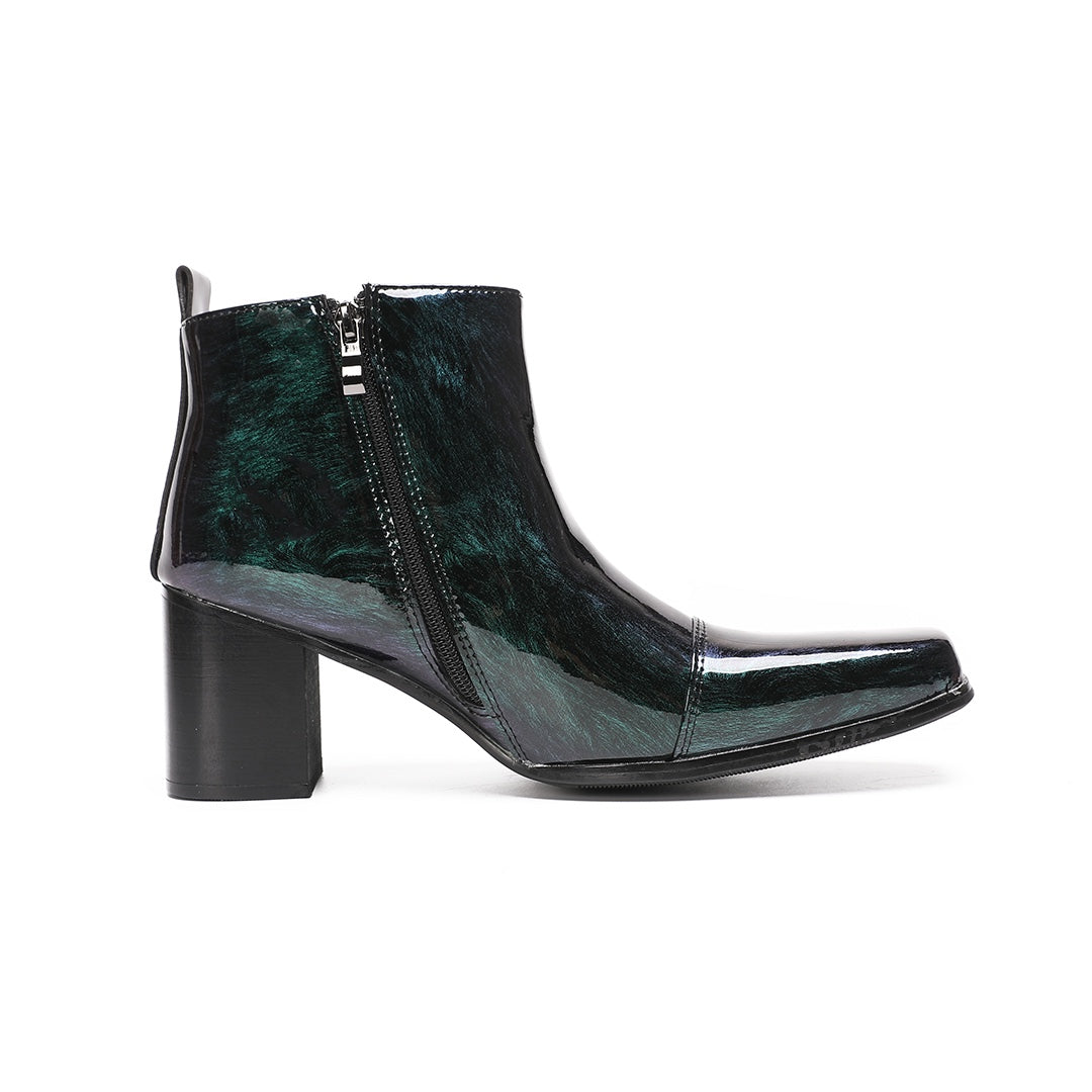 Pair of Dolashoes iridescent green-purple patent leather square toe ankle boots with block heels and side zippers, displayed