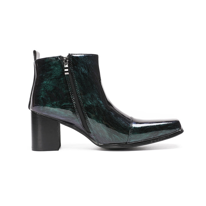 Pair of Dolashoes iridescent green-purple patent leather square toe ankle boots with block heels and side zippers, displayed