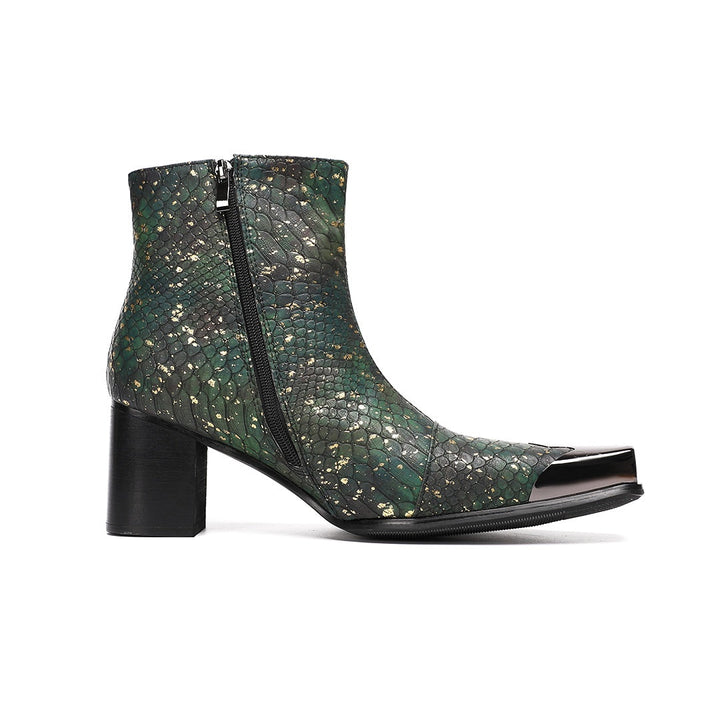 Pair of green and gold snake print ankle boots with a square metal toe cap and block heel.