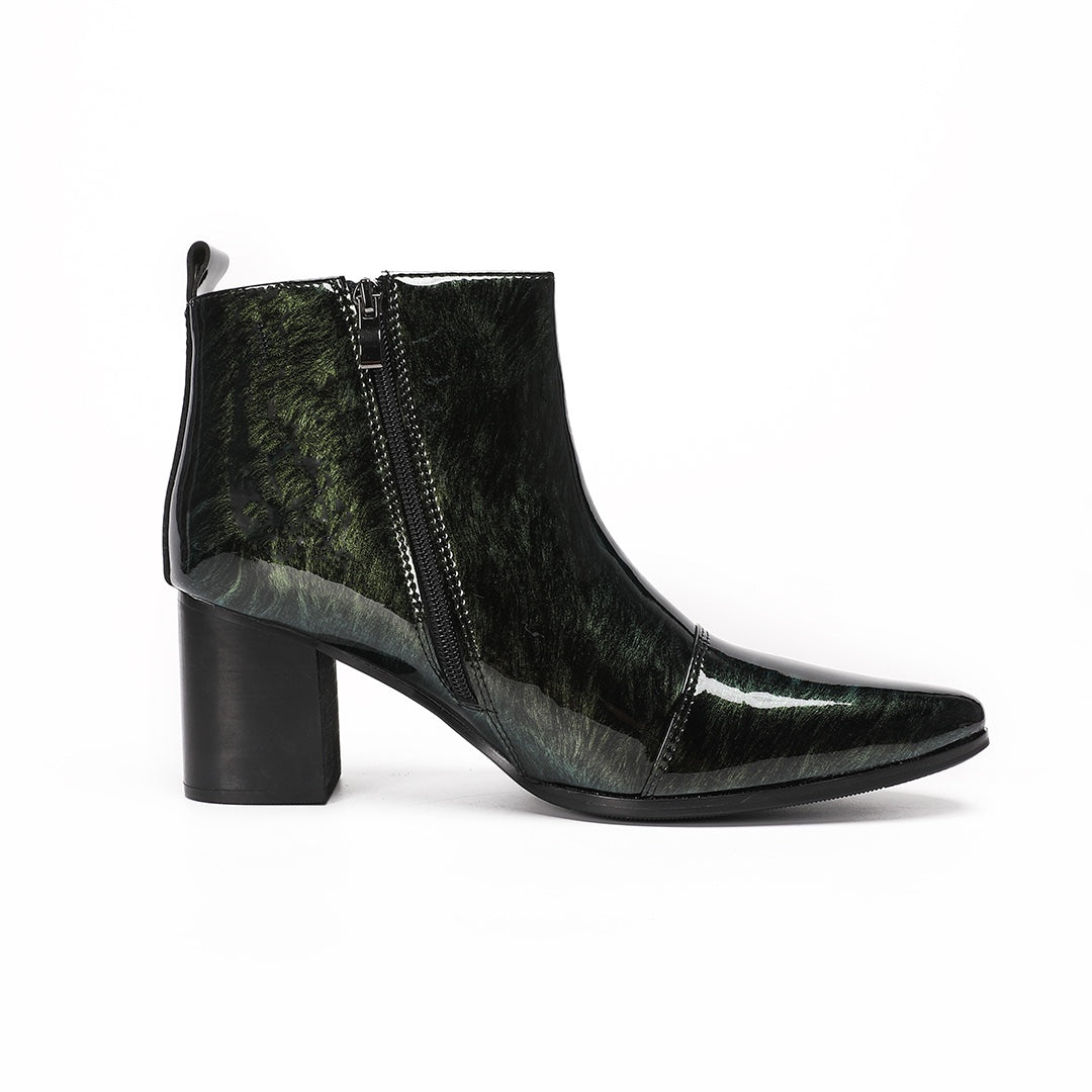 Dolashoes iridescent green pointed toe ankle boots with block heel and side zipper