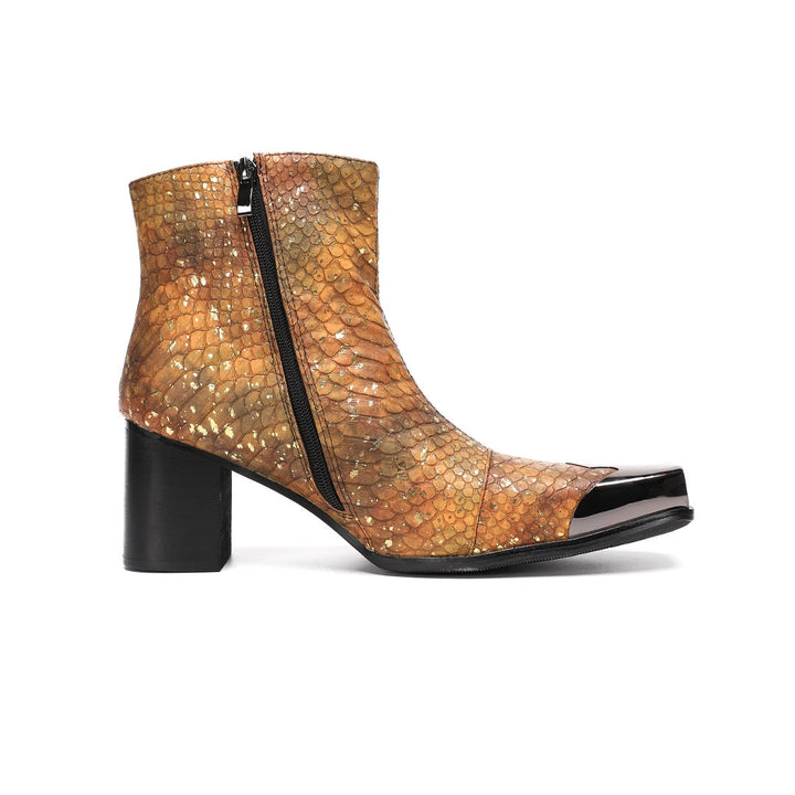 Men's brown and gold snakeskin pattern ankle boot with a square metal toe and black block heel.