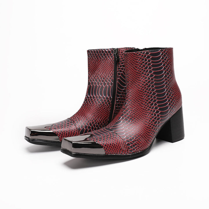 A pair of men's red and black snakeskin pattern ankle boots with a square metal toe and block heel, shown from various
