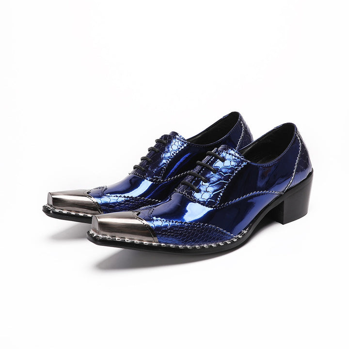 Pair of men's blue patent leather dress shoes with crocodile texture, a shiny metallic square toe, and a chunky heel, viewed