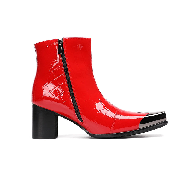 Pair of shiny red patent crocodile embossed ankle boots with square metal toe caps and black block heels.