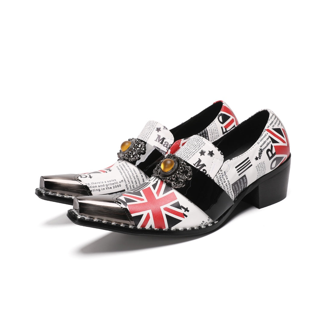 Pair of men's slip-on loafers with a pointed metallic toe, featuring a white upper with Union Jack and newspaper print, black