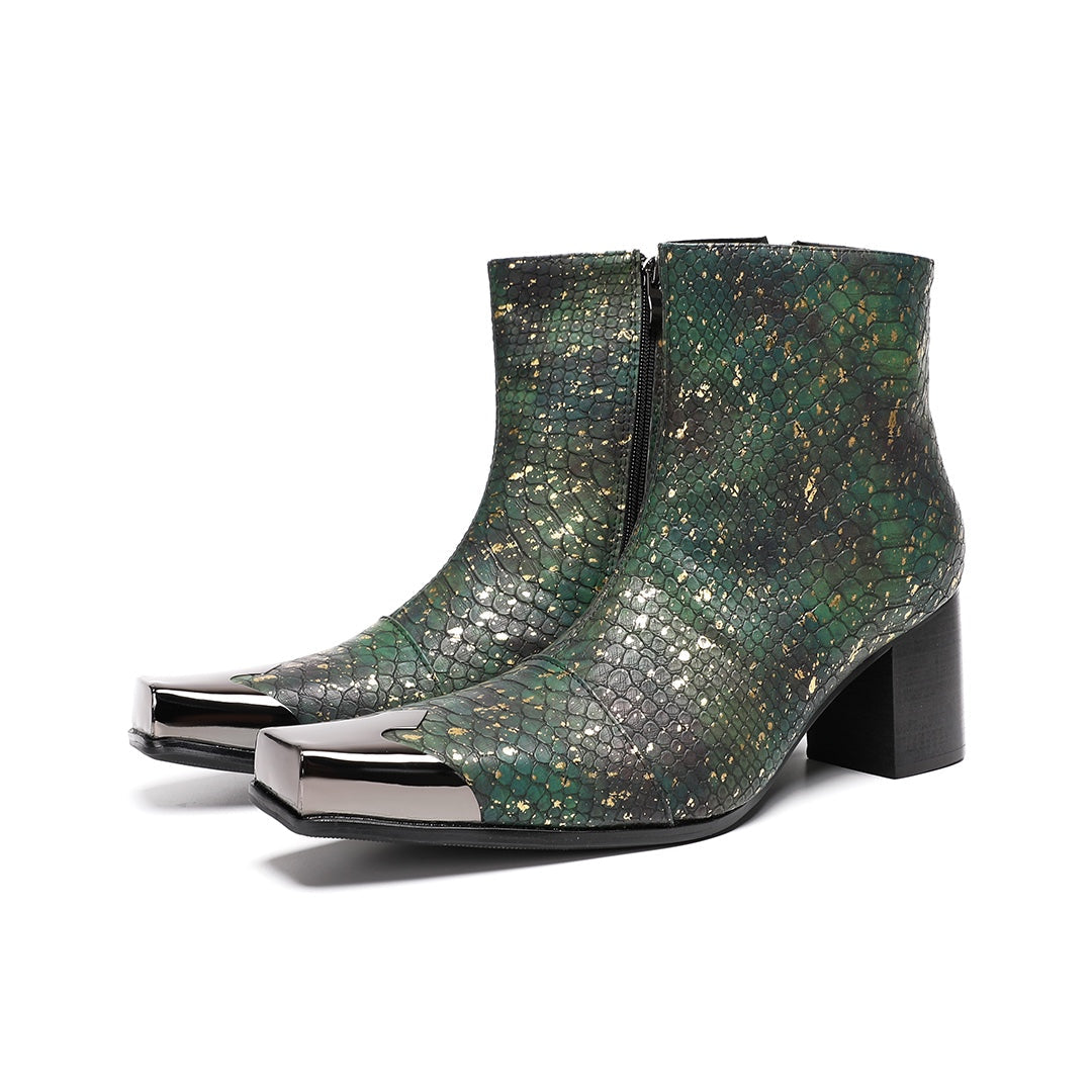 Pair of green and gold snake print ankle boots with a square metal toe cap and block heel.