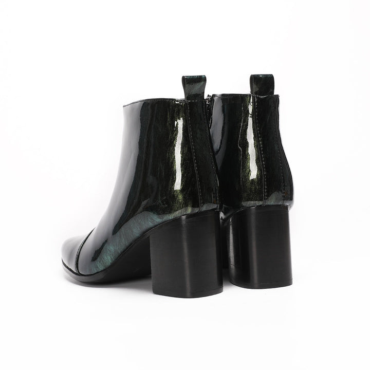 Dolashoes iridescent green pointed toe ankle boots with block heel and side zipper