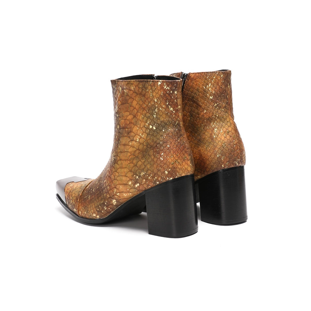 Men's brown and gold snakeskin pattern ankle boot with a square metal toe and black block heel.