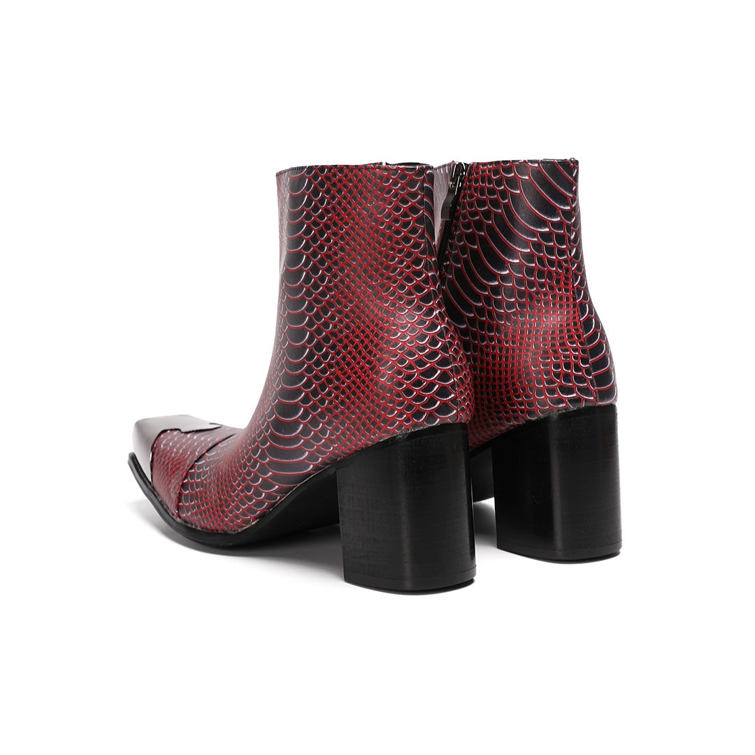 A pair of men's red and black snakeskin pattern ankle boots with a square metal toe and block heel, shown from various