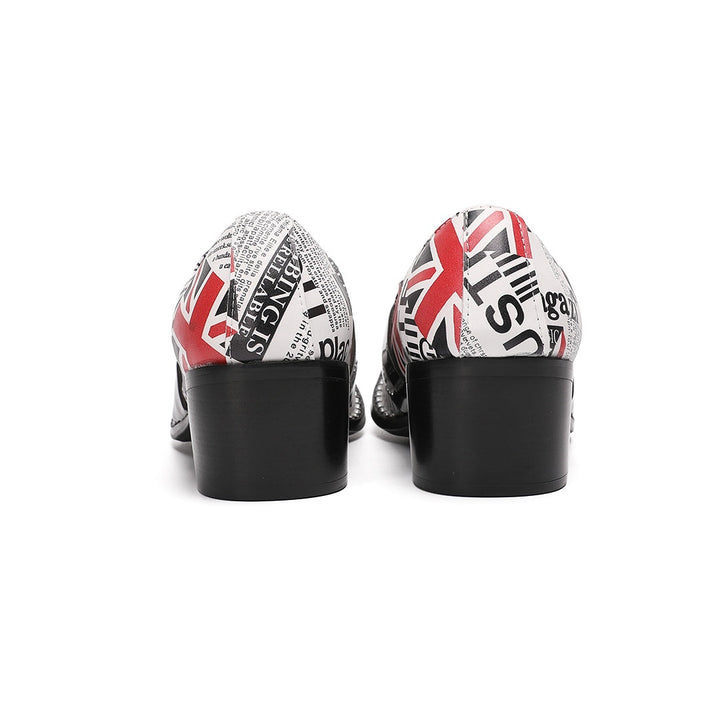 Pair of men's slip-on loafers with a pointed metallic toe, featuring a white upper with Union Jack and newspaper print, black