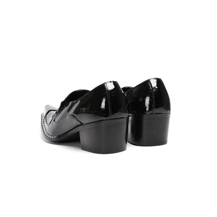 Pair of black patent leather men's loafers with silver metal cap toes and decorative buckles.