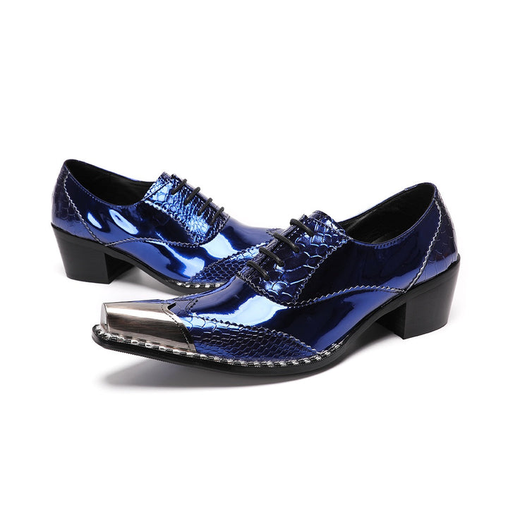 Pair of men's blue patent leather dress shoes with crocodile texture, a shiny metallic square toe, and a chunky heel, viewed