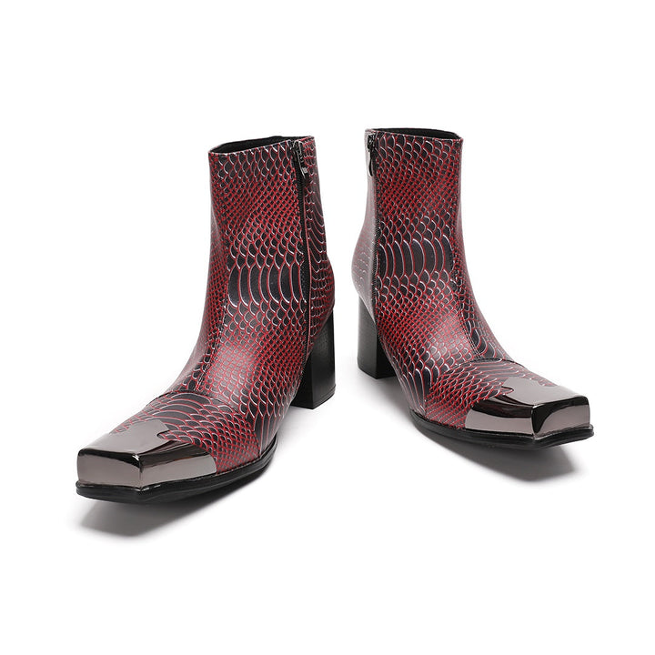 A pair of men's red and black snakeskin pattern ankle boots with a square metal toe and block heel, shown from various