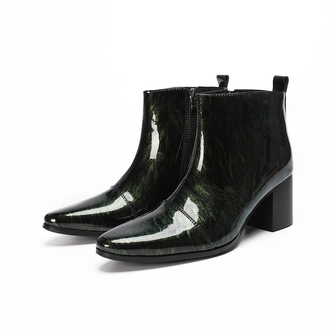 Dolashoes iridescent green pointed toe ankle boots with block heel and side zipper