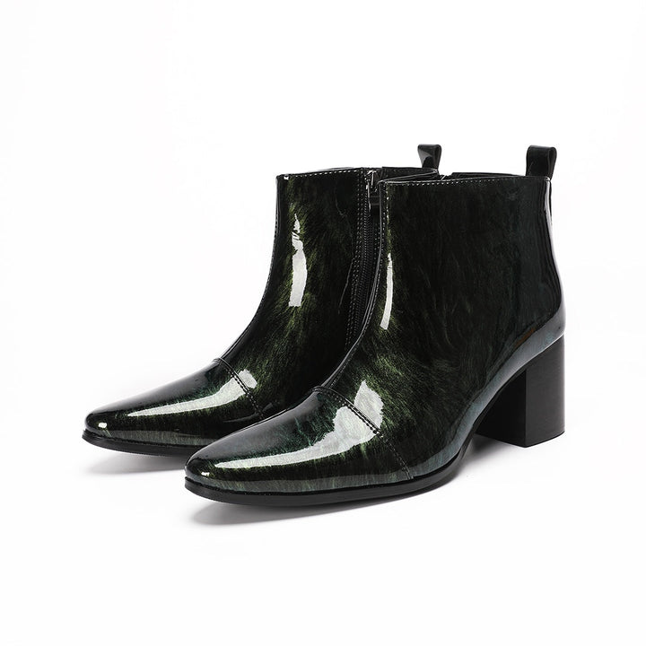 Dolashoes iridescent green pointed toe ankle boots with block heel and side zipper