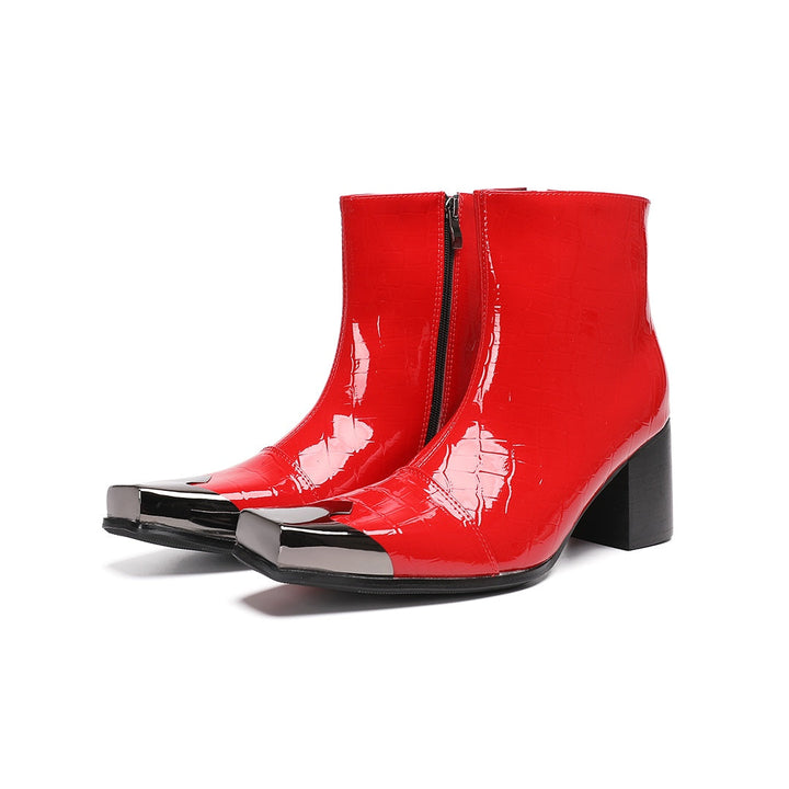 Pair of shiny red patent crocodile embossed ankle boots with square metal toe caps and black block heels.