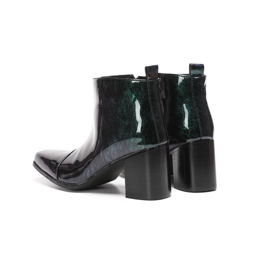 Pair of Dolashoes iridescent green-purple patent leather square toe ankle boots with block heels and side zippers, displayed