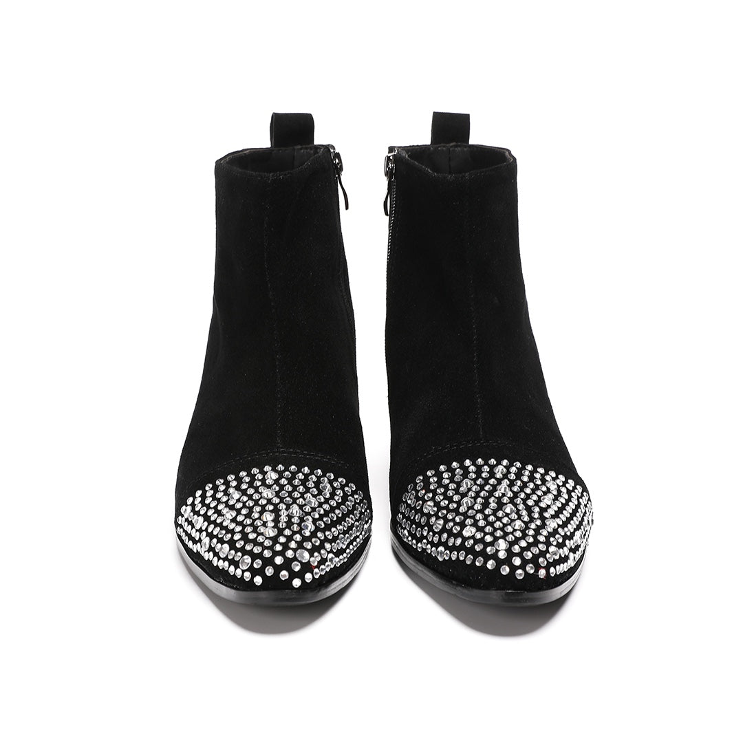 Pair of black suede ankle boots with a studded pointed toe and block heels, shown from various angles.